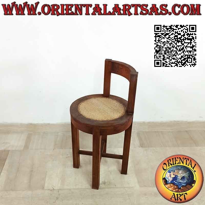 Round stool with low back in teak wood and Vienna straw