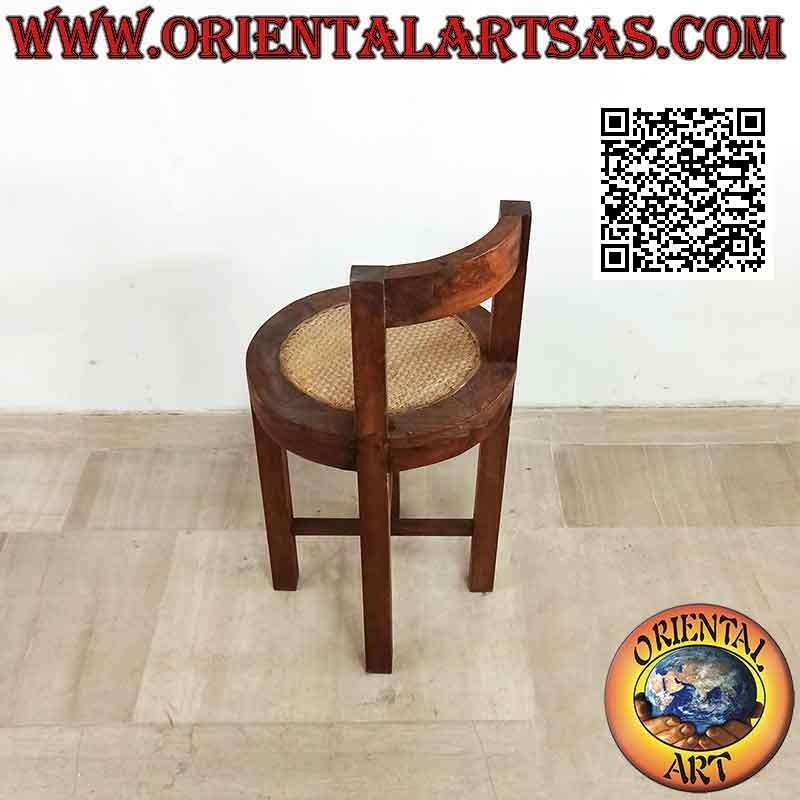 Round stool with low back in teak wood and Vienna straw