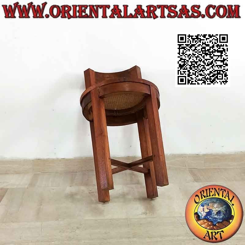 Sgabello tondo con schienale basso in legno di teak e paglia di Vienna