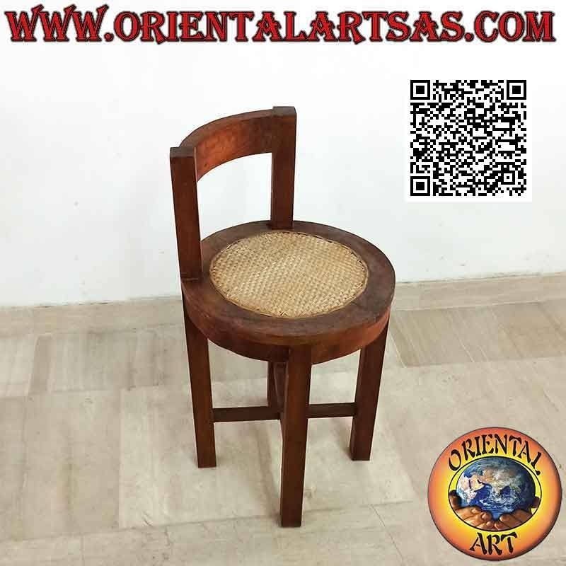 Round stool with low back in teak wood and Vienna straw