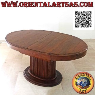 Extendable oval table on a single central foot with teak wood slats (157x100 cm)