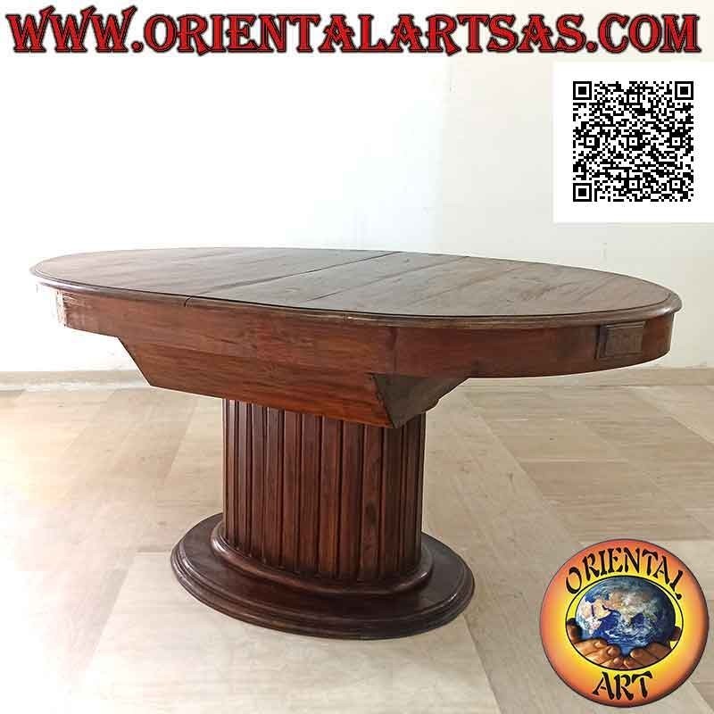 Extendable oval table on a single central foot with teak wood slats (157x100 cm)