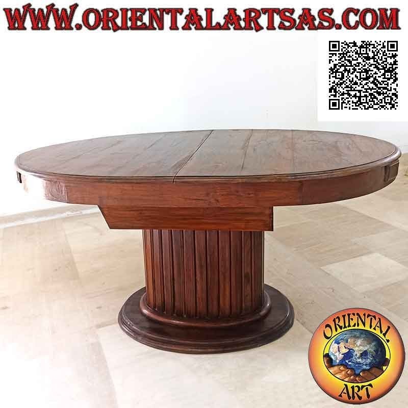 Table ovale extensible sur un seul pied central avec lattes en bois de teck (157x100 cm)