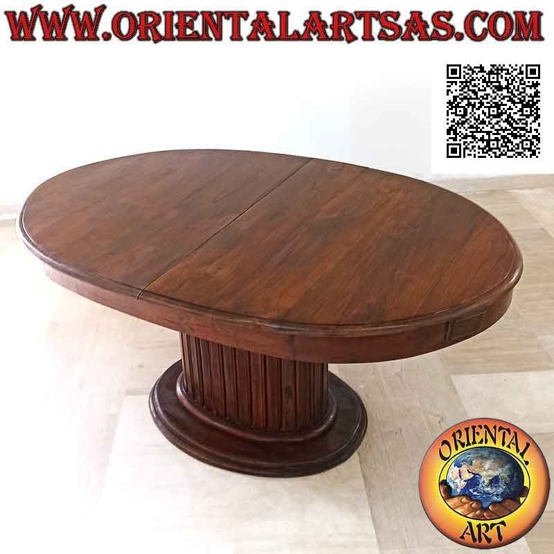 Tavolo ovale allungabile su piede unico centrale a doghe in legno di teak (157x100 cm)