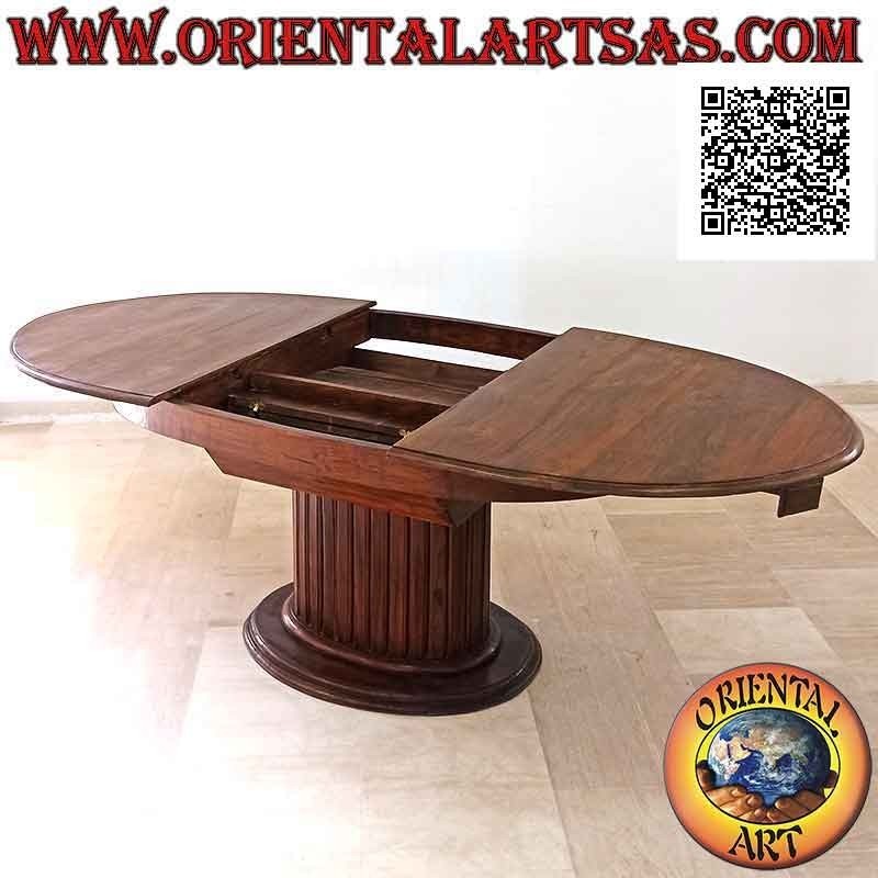 Table ovale extensible sur un seul pied central avec lattes en bois de teck (157x100 cm)