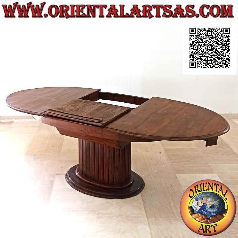 Extendable oval table on a single central foot with teak wood slats (157x100 cm)