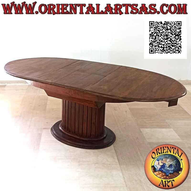 Tavolo ovale allungabile su piede unico centrale a doghe in legno di teak (157x100 cm)