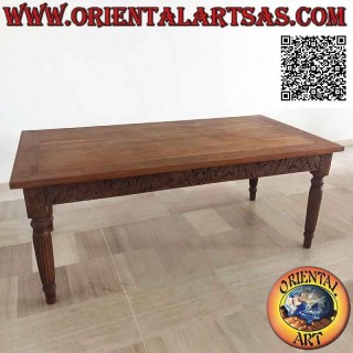 Table rectangulaire à décor floral sculpté à la main sur les côtés en bois de teck antique (200*100)
