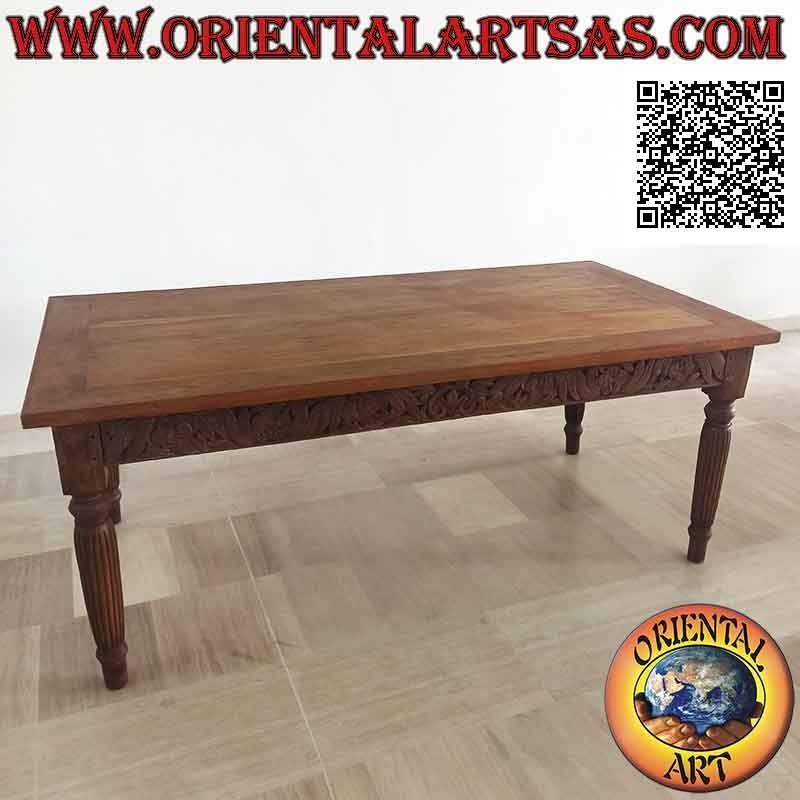 Tavolo rettangolare con decorazione floreale intagliata a mano sui lati in legno antico di teak (200*100)