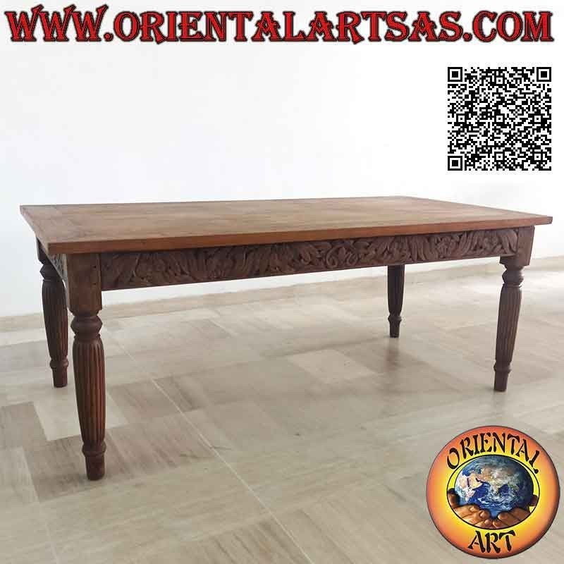 Mesa rectangular con decoración floral tallada a mano en los laterales en madera de teca antigua (200 * 100)
