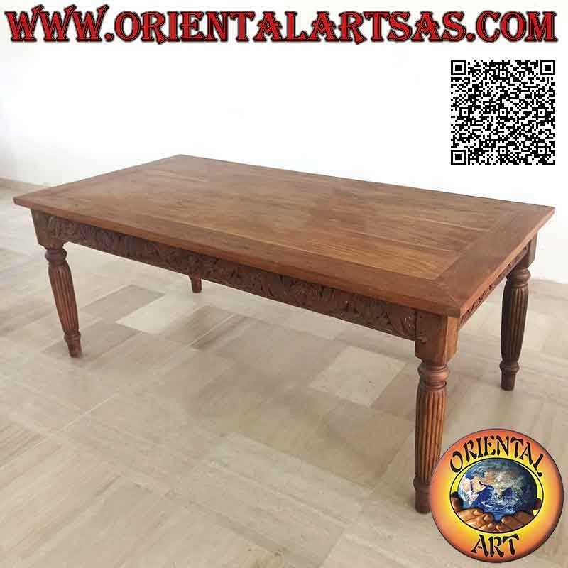 Table rectangulaire à décor floral sculpté à la main sur les côtés en bois de teck antique (200*100)