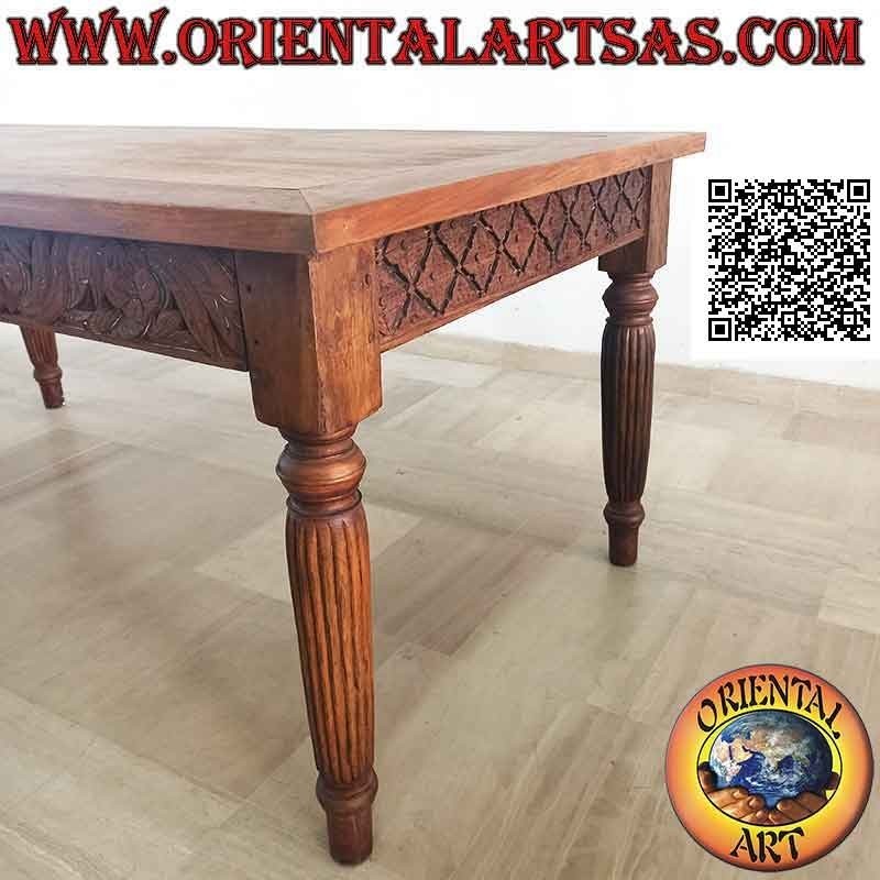 Rectangular table with hand-carved floral decoration on the sides in antique teak wood (200 * 100)