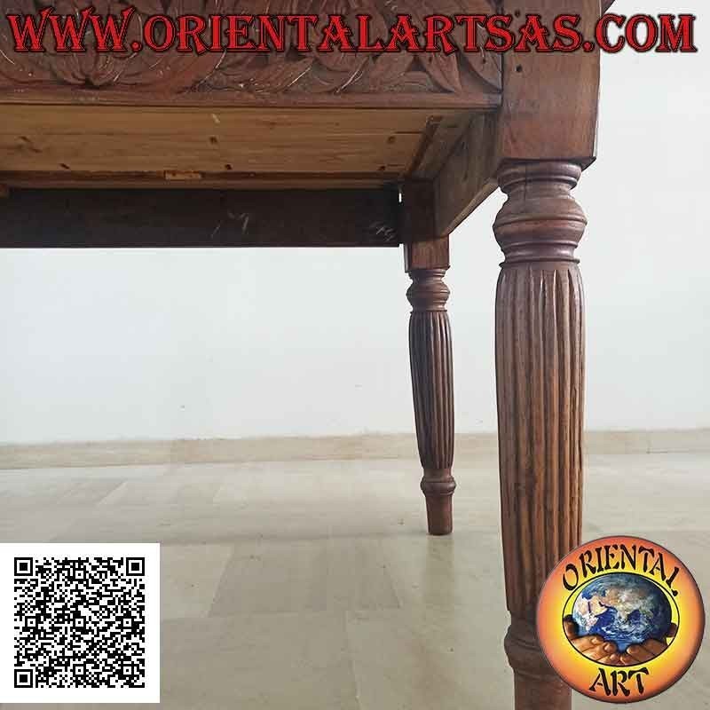 Rectangular table with hand-carved floral decoration on the sides in antique teak wood (200 * 100)