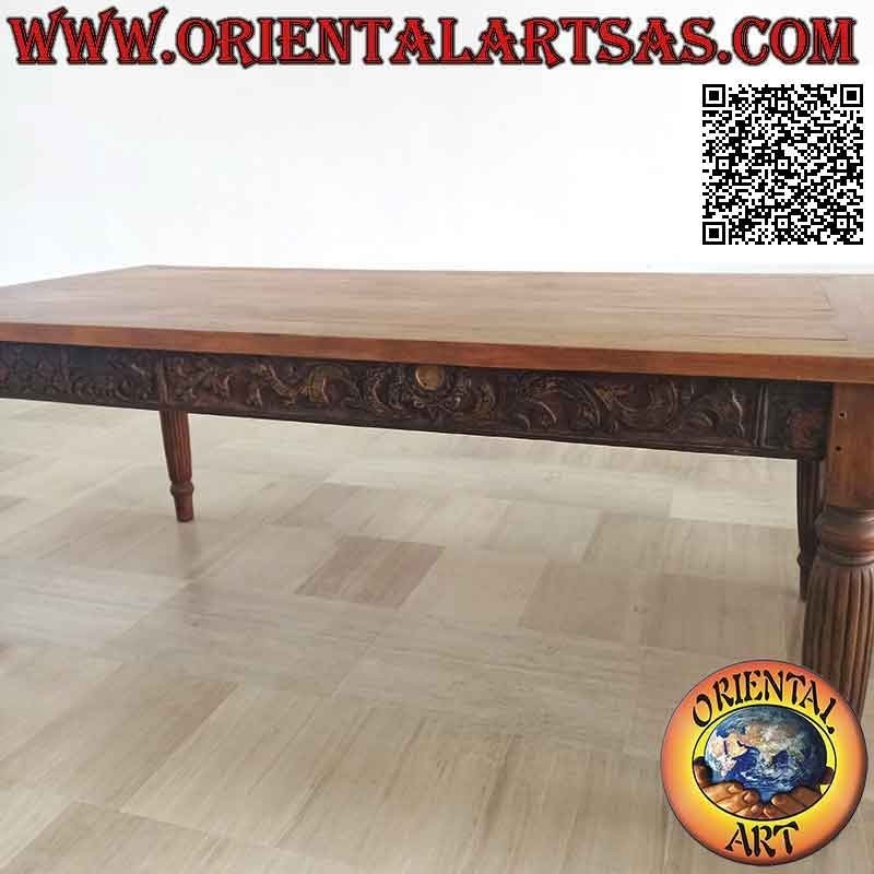 Mesa rectangular con decoración floral tallada a mano en los laterales en madera de teca antigua (200 * 100)