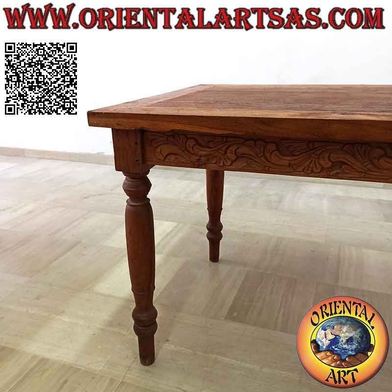 Rectangular table with hand-carved floral decoration on the sides in antique teak wood (180 * 90)
