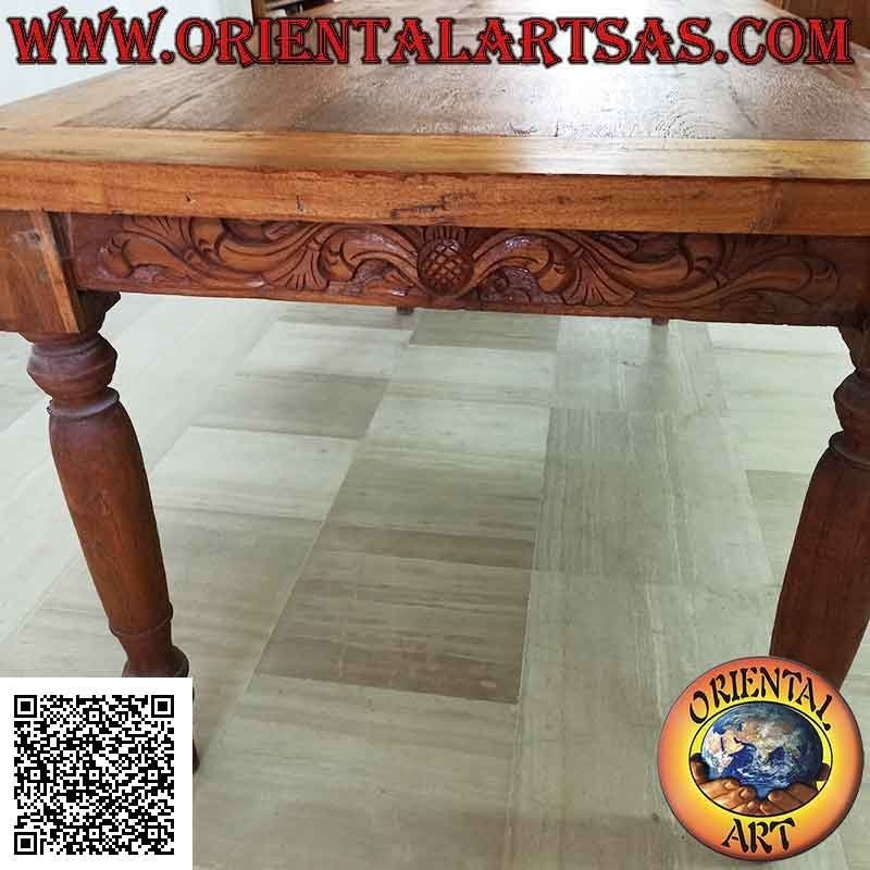 Tavolo rettangolare con decorazione floreale intagliata a mano sui lati in legno antico di teak (180*90)