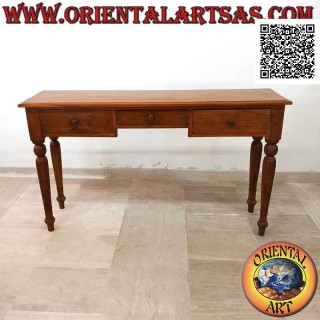 Console table with three drawers with round legs (colonial) in teak wood