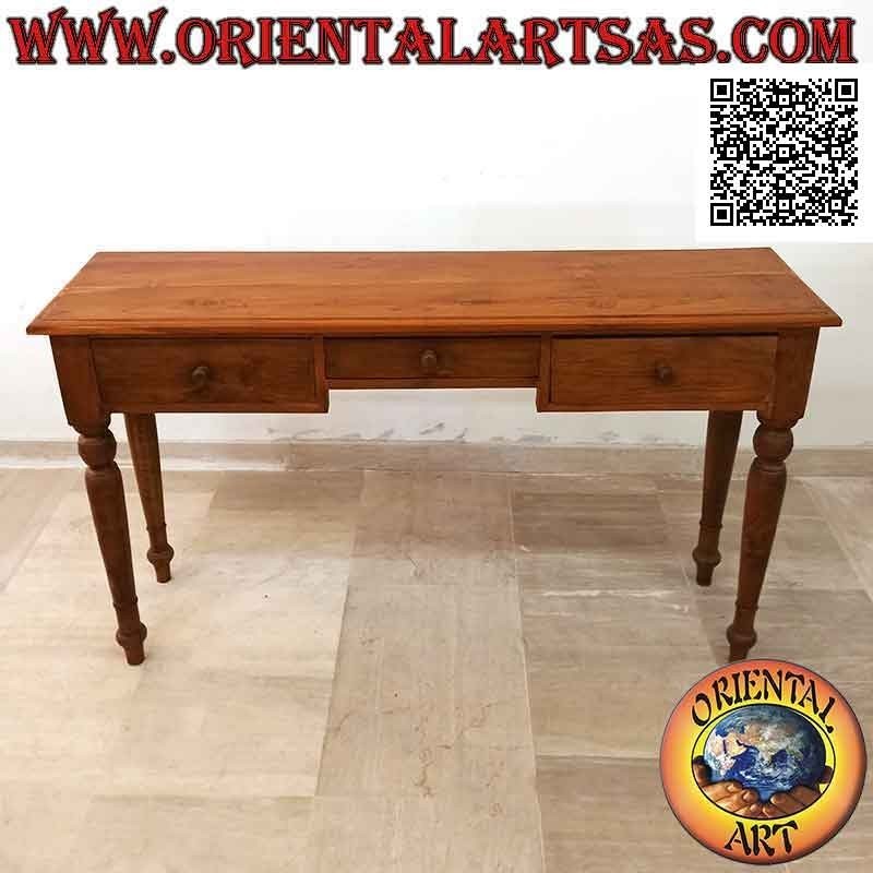 Tavolo consolle a tre cassetti con gambe tonde (coloniale) in legno di teak