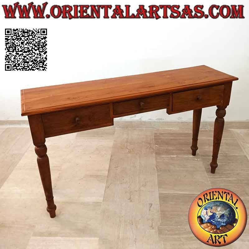 Table console à trois tiroirs avec pieds ronds (colonial) en bois de teck