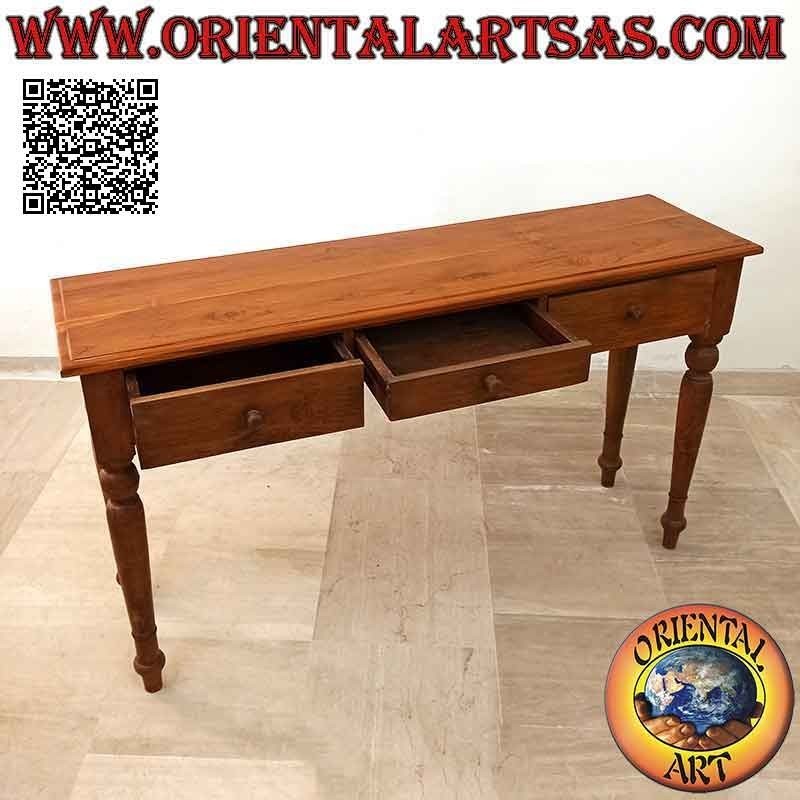 Table console à trois tiroirs avec pieds ronds (colonial) en bois de teck