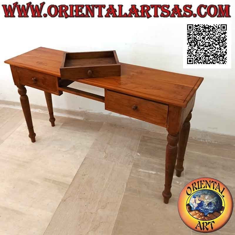 Console table with three drawers with round legs (colonial) in teak wood