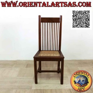 Sedia a schienale alto a fasce rigate verticali parallele in legno di teak e seduta in paglia di Vienna