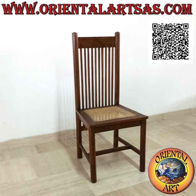 Silla de respaldo alto con bandas de rayas verticales paralelas en madera de teca y asiento de paja de Viena