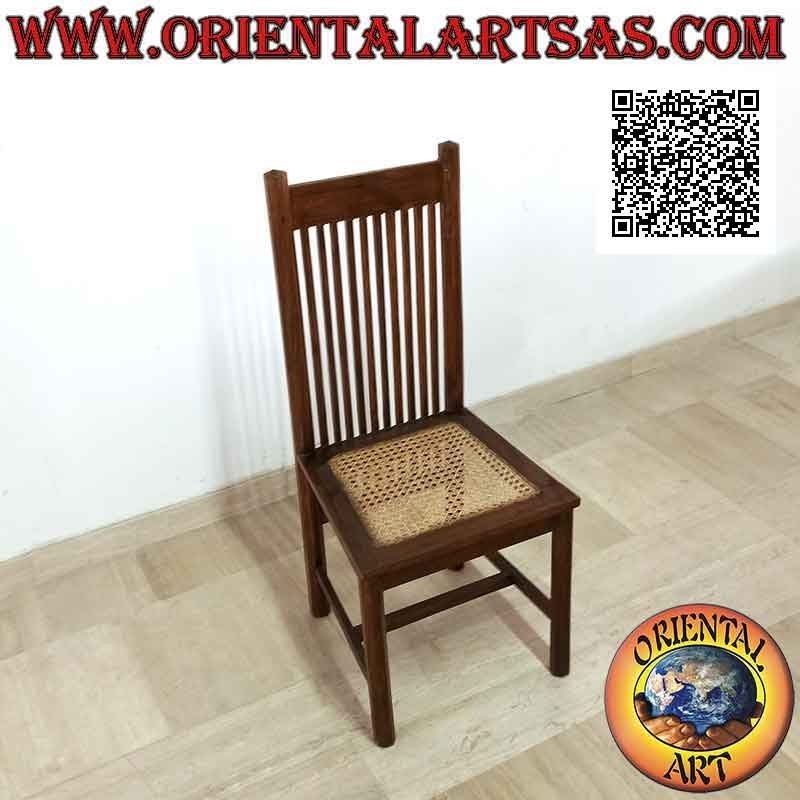 High-back chair with parallel vertical striped bands in teak wood and Vienna straw seat