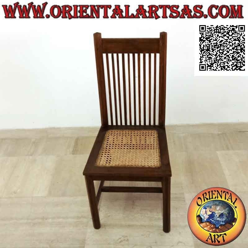 High-back chair with parallel vertical striped bands in teak wood and Vienna straw seat