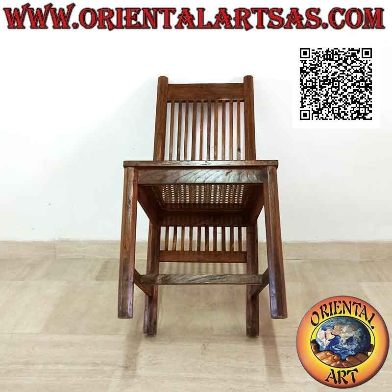 High-back chair with parallel vertical striped bands in teak wood and Vienna straw seat