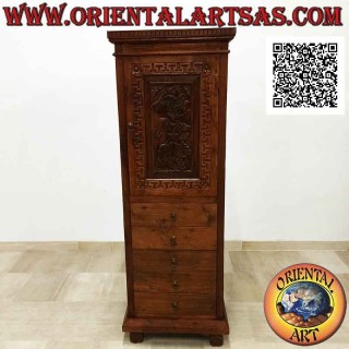 Armadio a 5 cassetti e 1 anta a due ripiani (marionetta del Wayang Kulit intagliata mano) in legno antico di teak