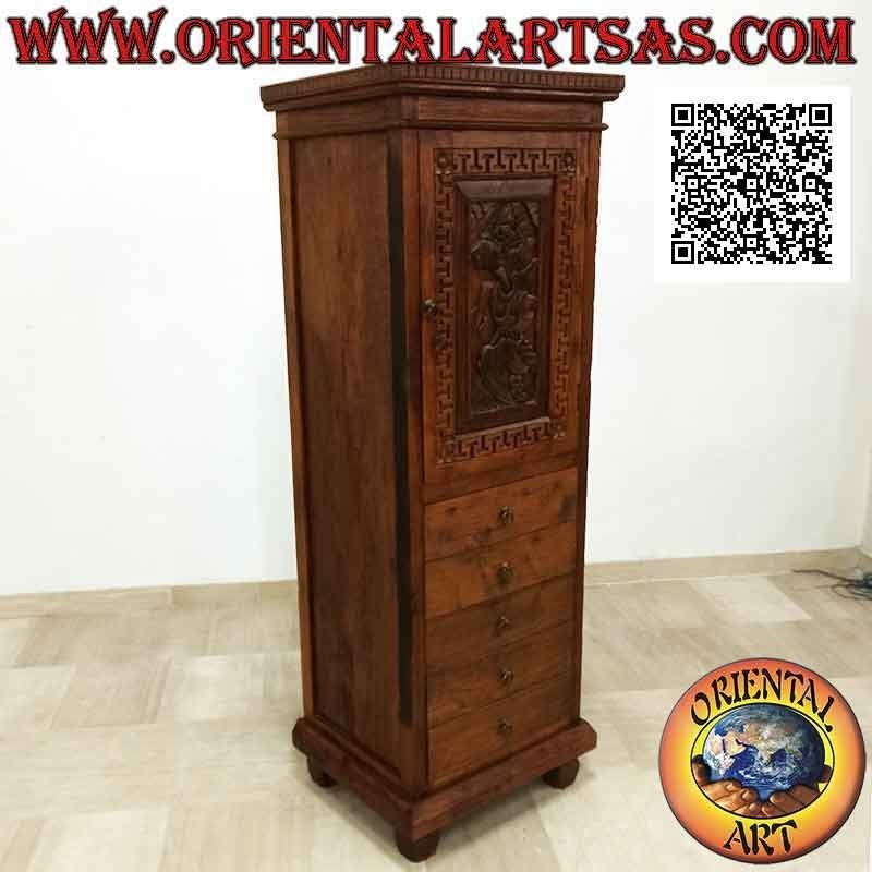 Armadio a 5 cassetti e 1 anta a due ripiani (marionetta del Wayang Kulit intagliata mano) in legno antico di teak