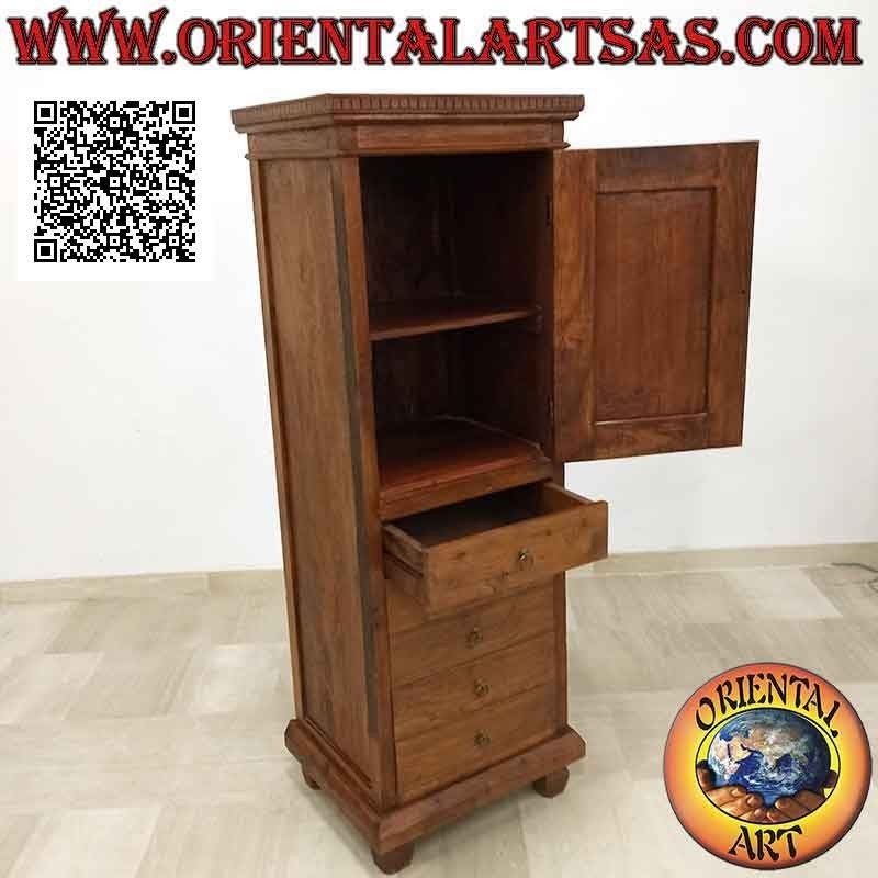 Wardrobe with 5 drawers and 1 door with two shelves (hand carved Wayang Kulit puppet) in antique teak wood