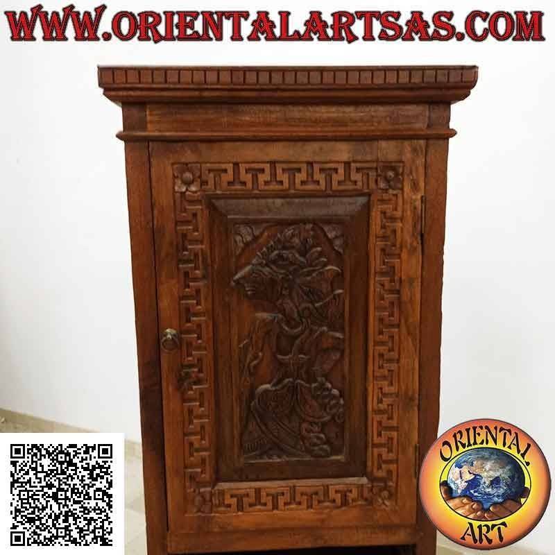 Armario con 5 cajones y 1 puerta con dos estantes (marioneta Wayang Kulit tallada a mano) en madera de teca antigua