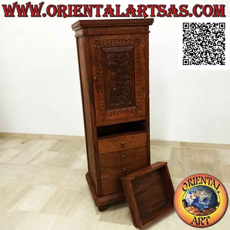 Wardrobe with 5 drawers and 1 door with two shelves (hand carved Wayang Kulit puppet) in antique teak wood