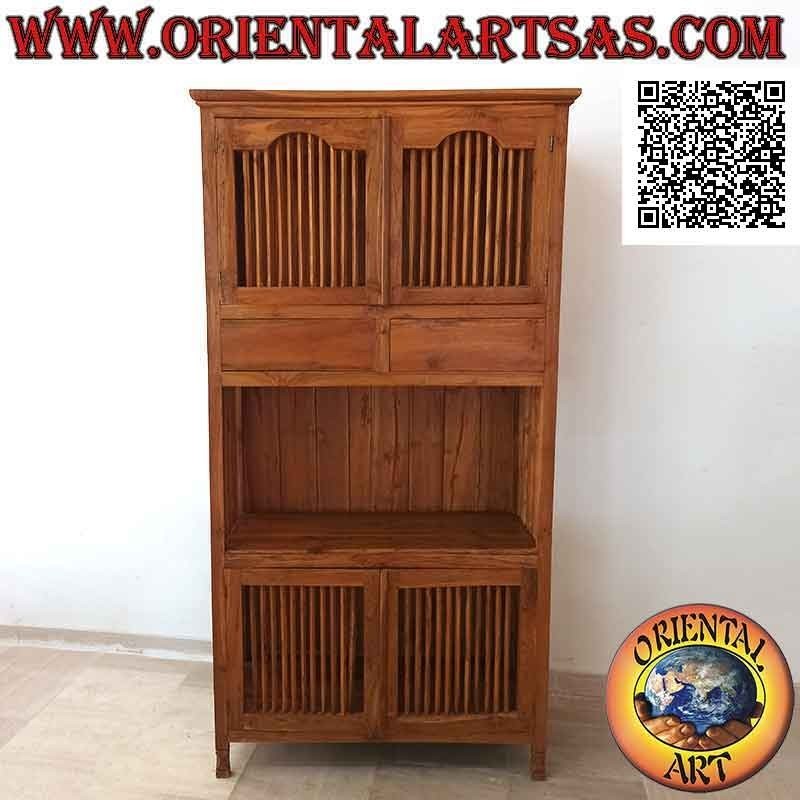 Hohes Sideboard mit 4 Säulentüren (2 oben und 2 unten) und 2 Schubladen aus massivem Teakholz