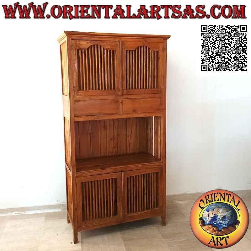 High sideboard with 4 column doors (2 above and 2 below) and 2 drawers in solid teak wood