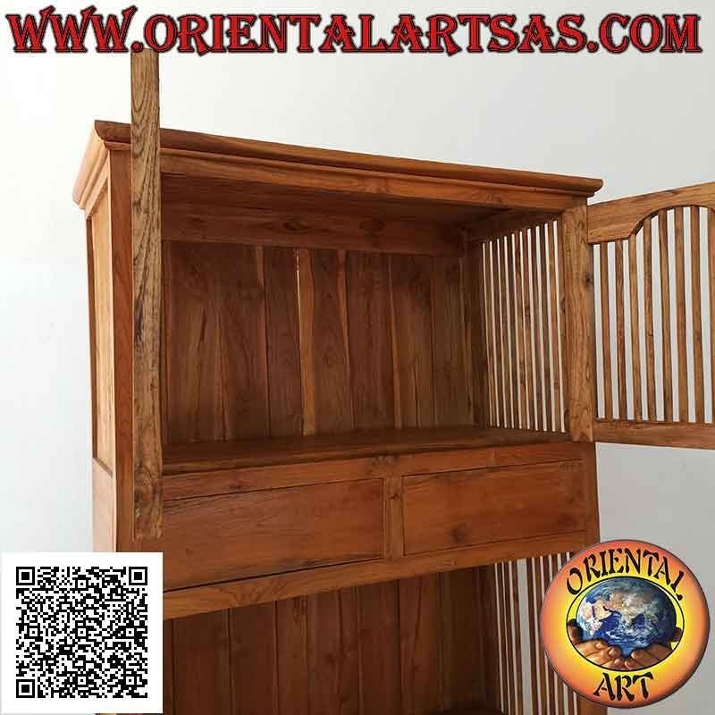 Hohes Sideboard mit 4 Säulentüren (2 oben und 2 unten) und 2 Schubladen aus massivem Teakholz