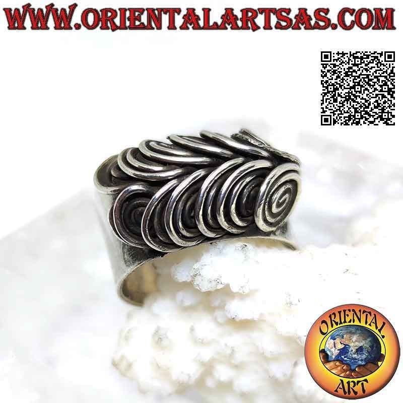 Anello in argento a fascia larga liscia con occhi di gufo a spirali in illusione tridimensionale (regolabile)