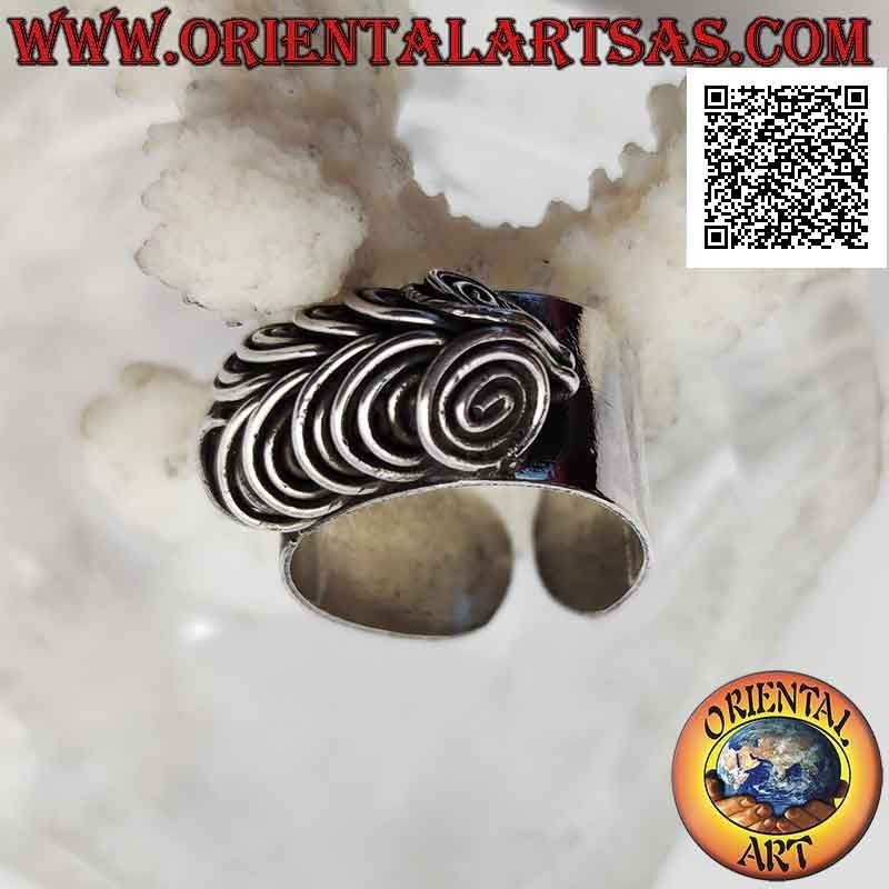 Anello in argento a fascia larga liscia con occhi di gufo a spirali in illusione tridimensionale (regolabile)