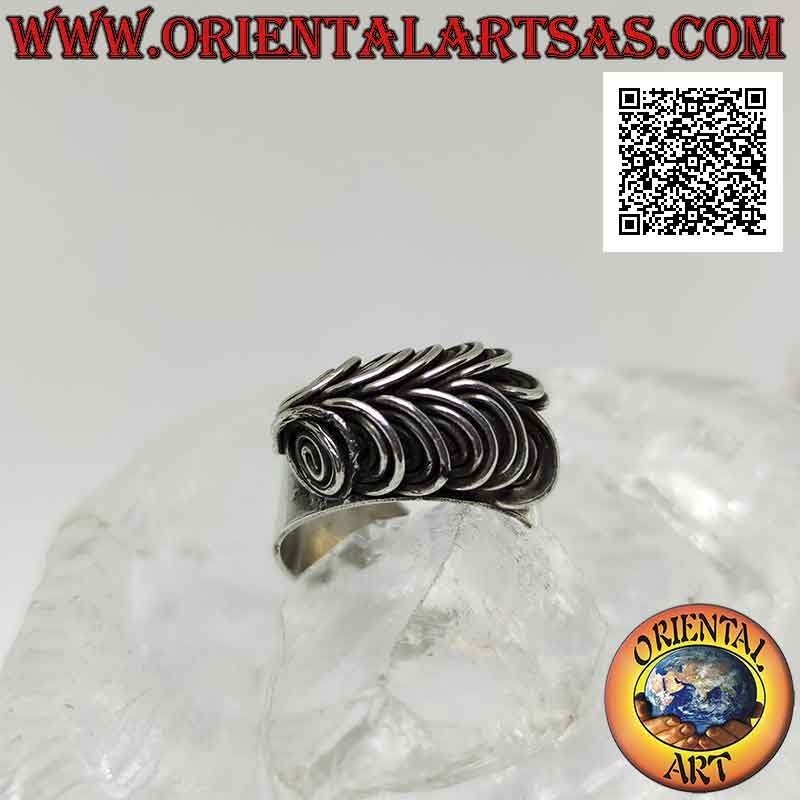 Smooth wide band silver ring with three-dimensional illusion spiral owl eyes (adjustable)