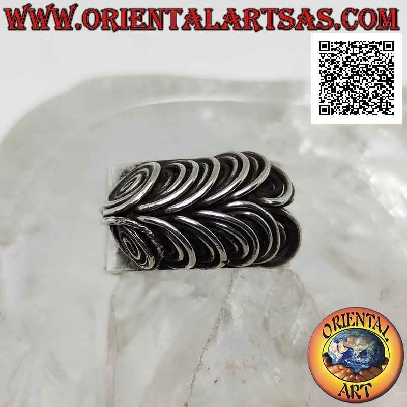 Smooth wide band silver ring with three-dimensional illusion spiral owl eyes (adjustable)