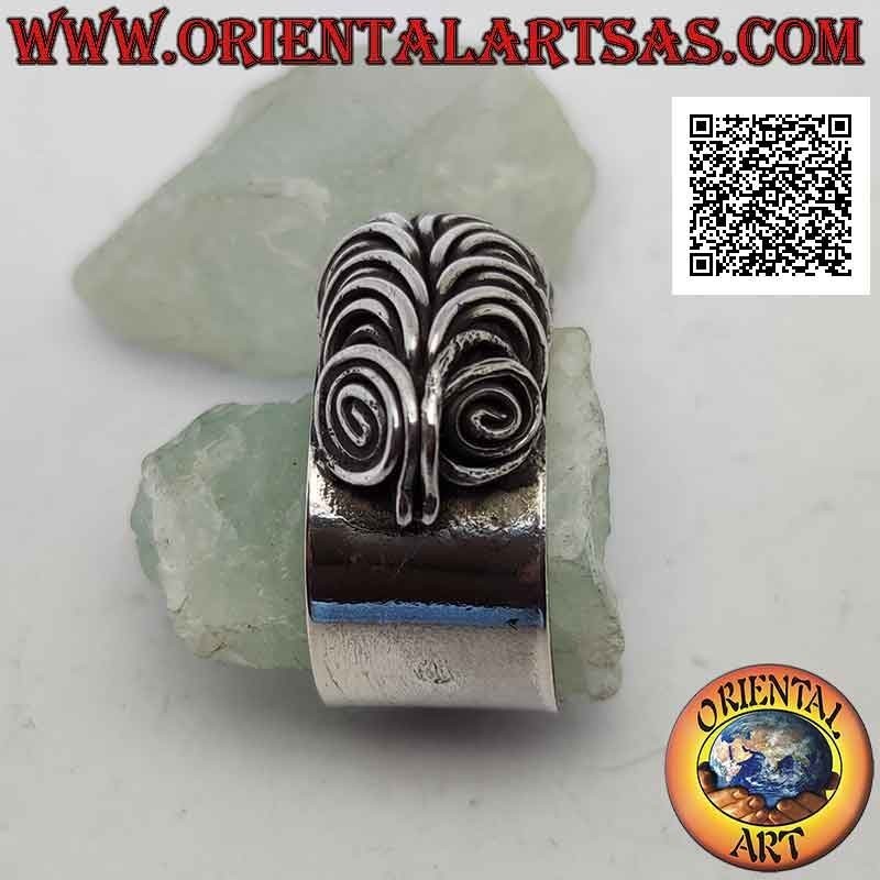 Anillo de plata de banda ancha lisa con ojos de búho en espiral de ilusión tridimensional (ajustable)