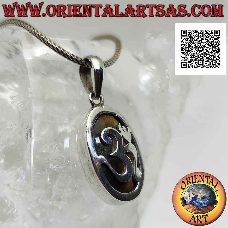 Ciondolo in argento ovale liscio con ॐ om e occhio di tigre sul fondo (grande)