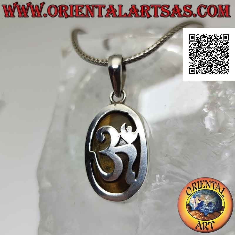 Ciondolo in argento ovale liscio con ॐ om e occhio di tigre sul fondo (grande)