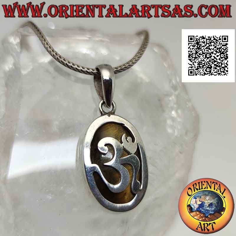 Pendentif en argent ovale lisse avec om et oeil de tigre sur le bas (grand)