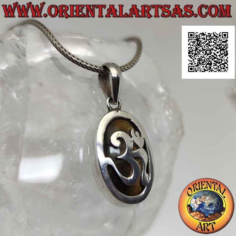 Smooth oval silver pendant with ॐ om and tiger eye on the bottom (large)