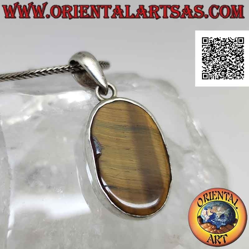 Smooth oval silver pendant with ॐ om and tiger eye on the bottom (large)