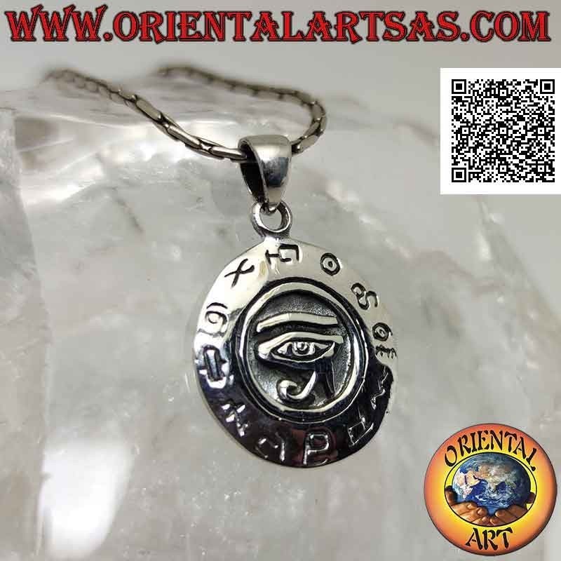 Silver pendant, round medal with eye of Ra / Horus in bas-relief surrounded by hieroglyphs (18 mm Ø)