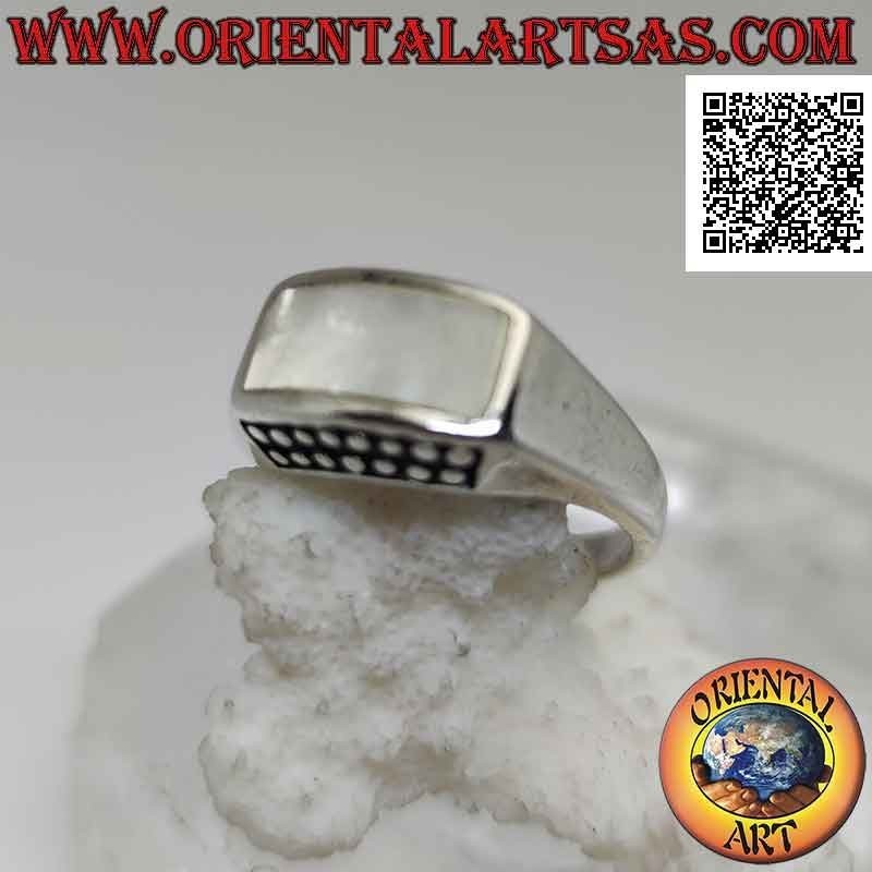 Smooth silver ring with curved horizontal rectangular mother-of-pearl and dots above and below